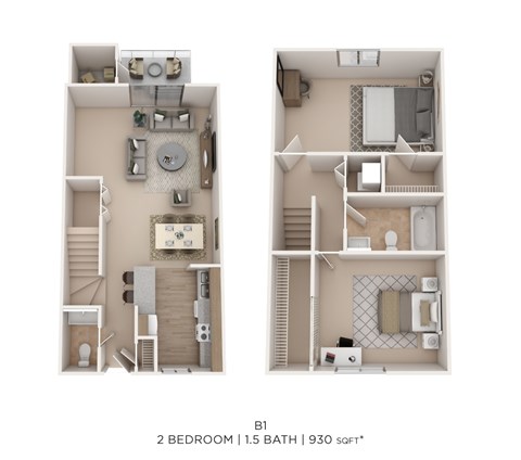 Floor plan for 2 beds, 1.5 baths, 930 sqft